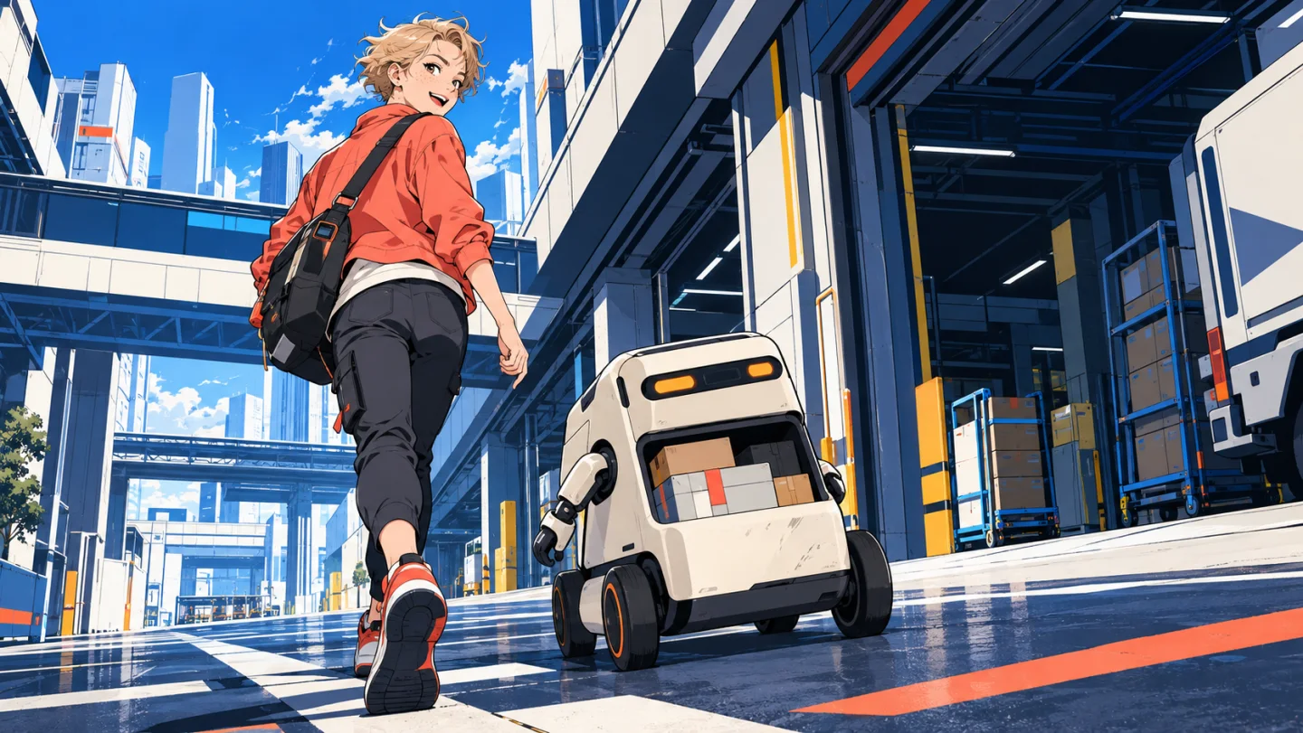 荷物を届けるスタッフと運搬ロボットのイラスト