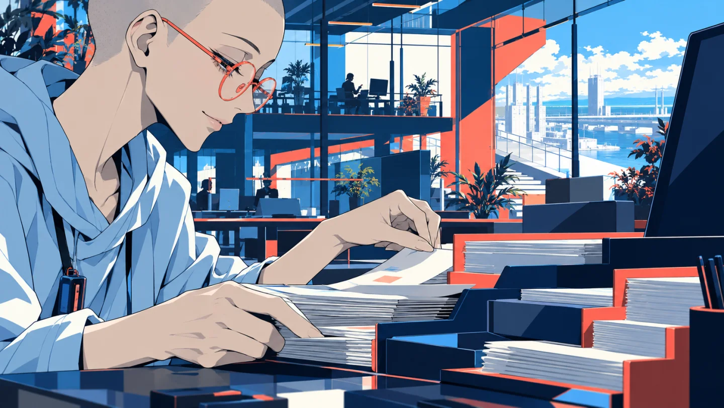 確認する書類をまとめる技術者のイラスト