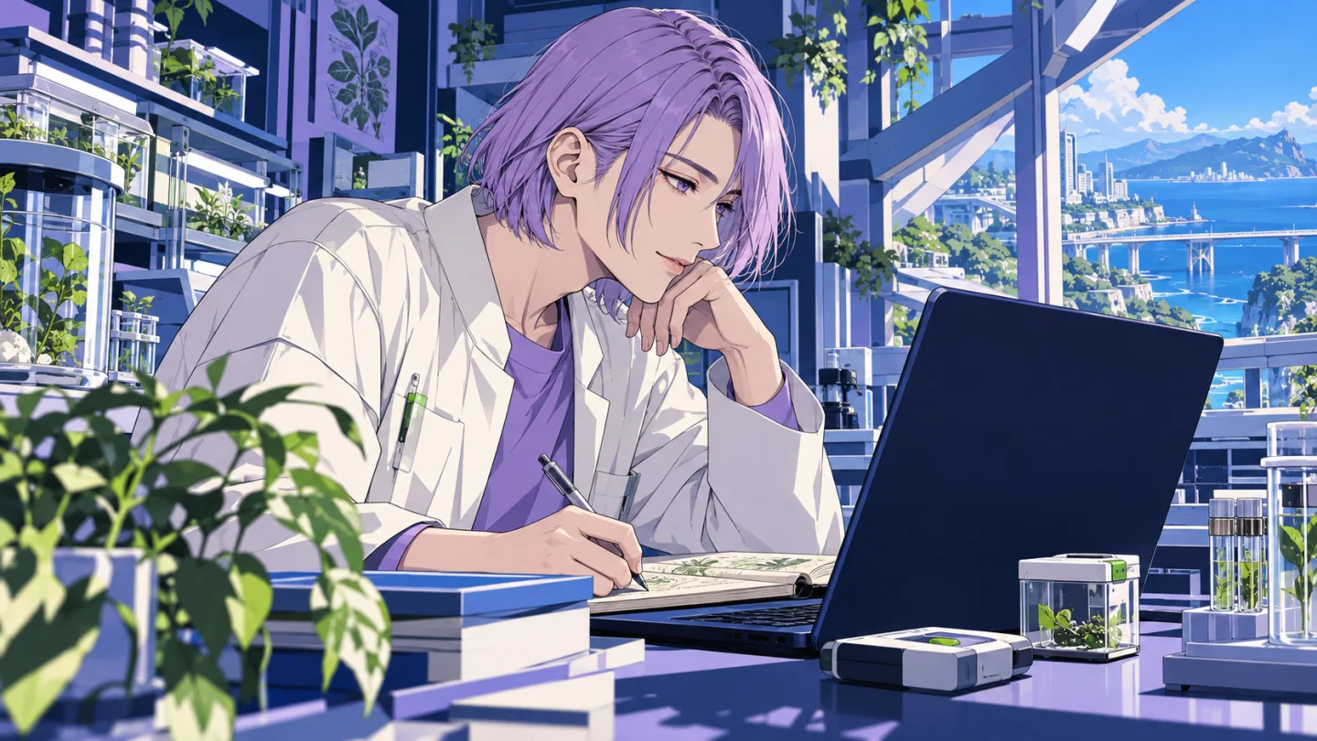 教材を使って学ぶ研究員のイラスト