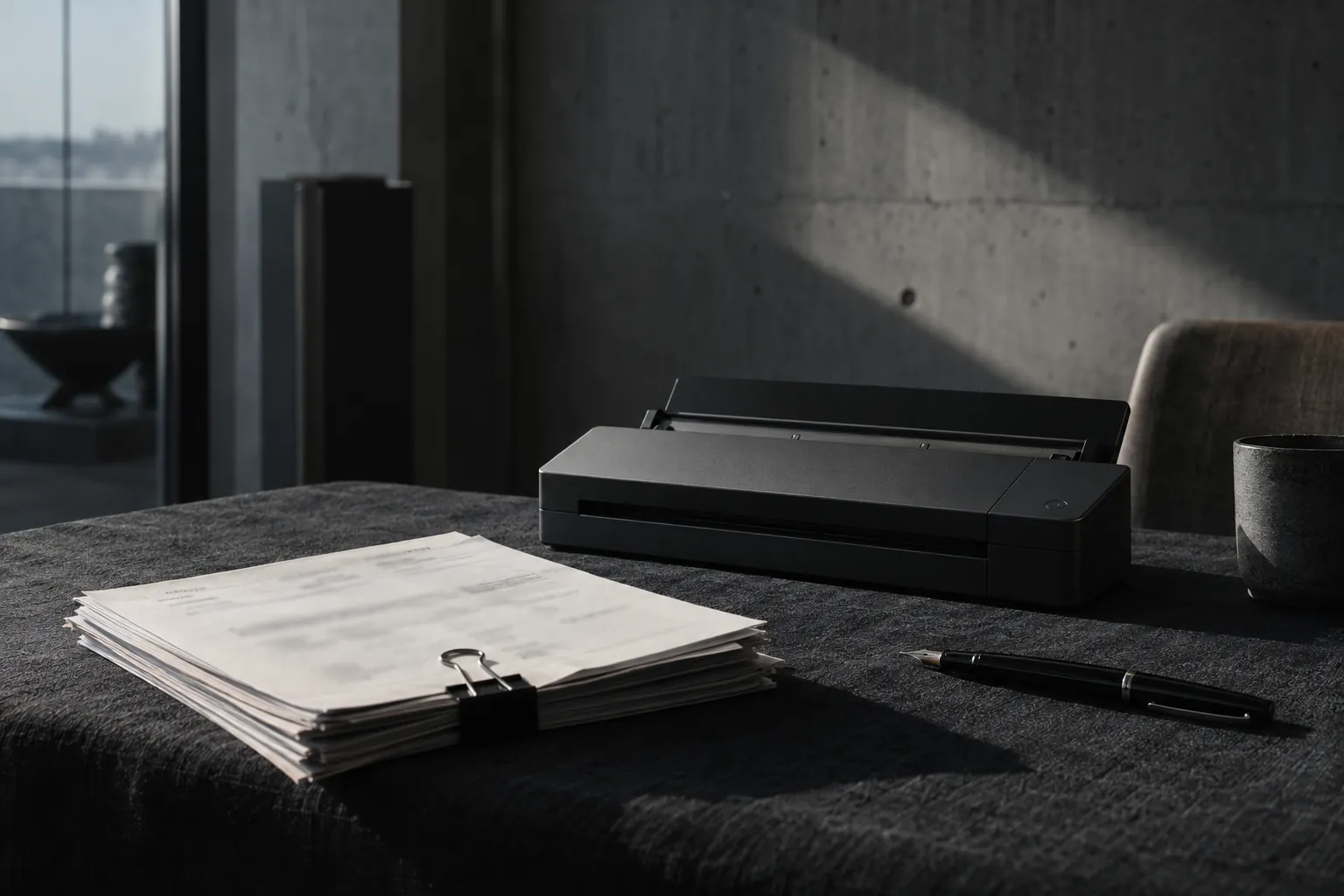 黒い布の机に置いたクリップ留めの書類と小型スキャナー、万年筆